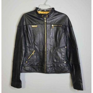 Roca Wear Y2K Authentic Women Black Gold Details Genuine Leather Biker Jacket XL